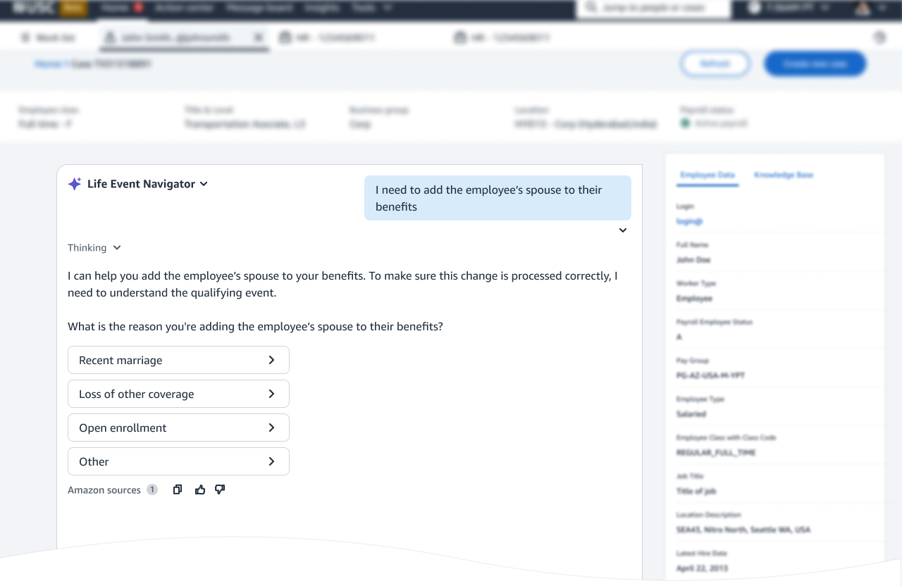 The assistant in the admin console: the admin types that they need to add an employee's spouse to their benefits, and the assistant explains it needs the qualifying reason before offering four bounded choices
